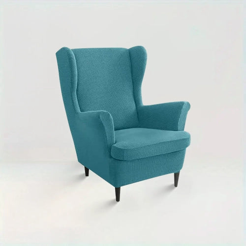 Housse de fauteuil à oreilles en jacquard Iris de couleur bleu canard sur fond beige