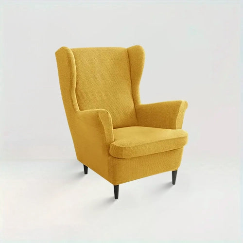 Housse de fauteuil à oreilles en jacquard Iris de couleur jaune sur fond beige