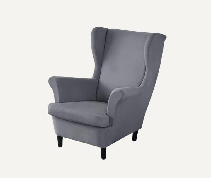 Housse de fauteuil à oreilles en tissu imperméable Fabia de couleur gris clair sur fond beige