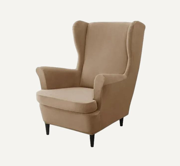 Housse de fauteuil à oreilles en velours Zina de couleur beige sur fond beige