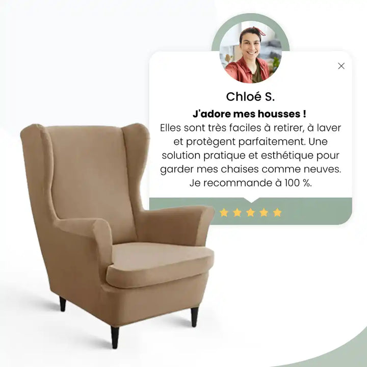 Fauteuil protégé par une housse élégante, accompagnée d’un avis client 5 étoiles soulignant sa praticité et son design.