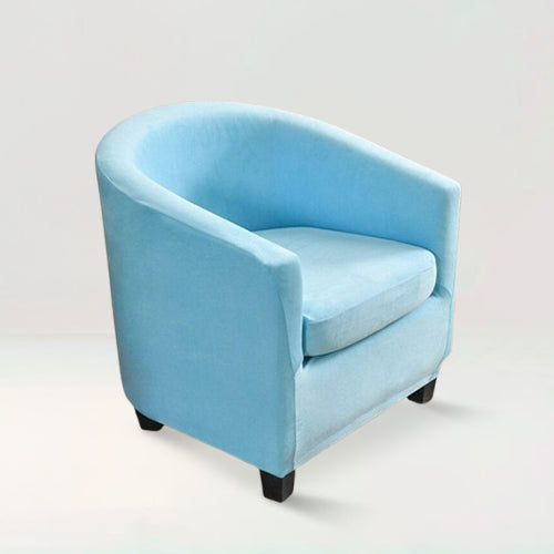 Housse de fauteuil crapaud en velours - Suzie de couleur bleu ciel sur fond beige