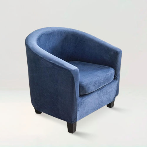 Housse de fauteuil crapaud en velours - Suzie de couleur bleu marine sur fond beige