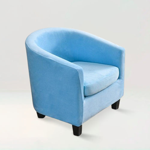 Housse de fauteuil crapaud en velours - Suzie de couleur bleu ciel sur fond beige