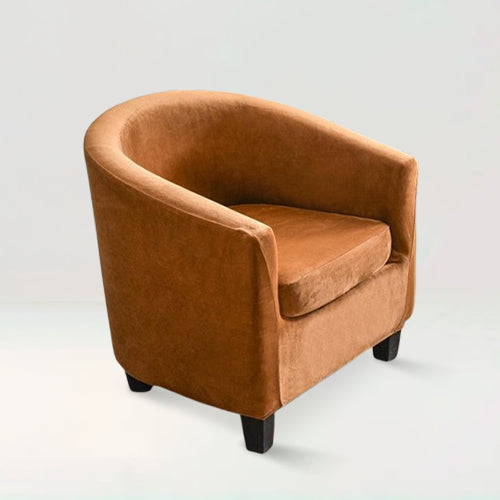 Housse de fauteuil crapaud en velours - Suzie de couleur camel sur fond beige