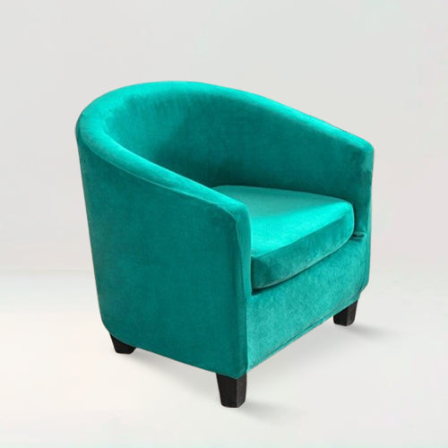 Housse de fauteuil crapaud en velours - Suzie de couleur bleu turquoise sur fond beige