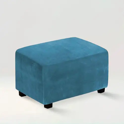 Housse de repose pied rectangle en velours Stella de couleur bleu turquoise sur fond beige
