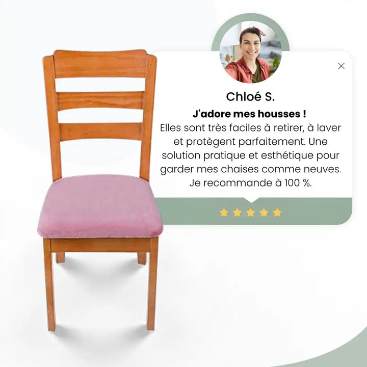 Chaise protégée par une housse élégante, accompagnée d’un avis client 5 étoiles soulignant sa praticité et son design.
