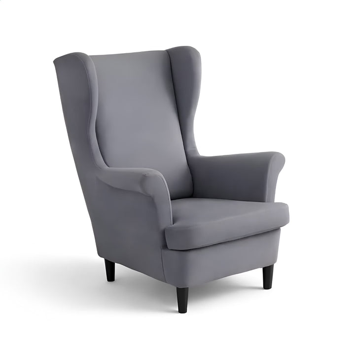 Housse de fauteuil à oreilles en tissu imperméable Fabia de couleur gris clair vue 360°